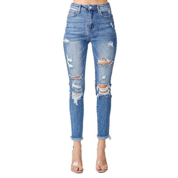 RISEN Distressed Skinny Ankle Raw Hem Ripped Plus Size Jeans Womens 2XL 18 - Picture 1 of 11